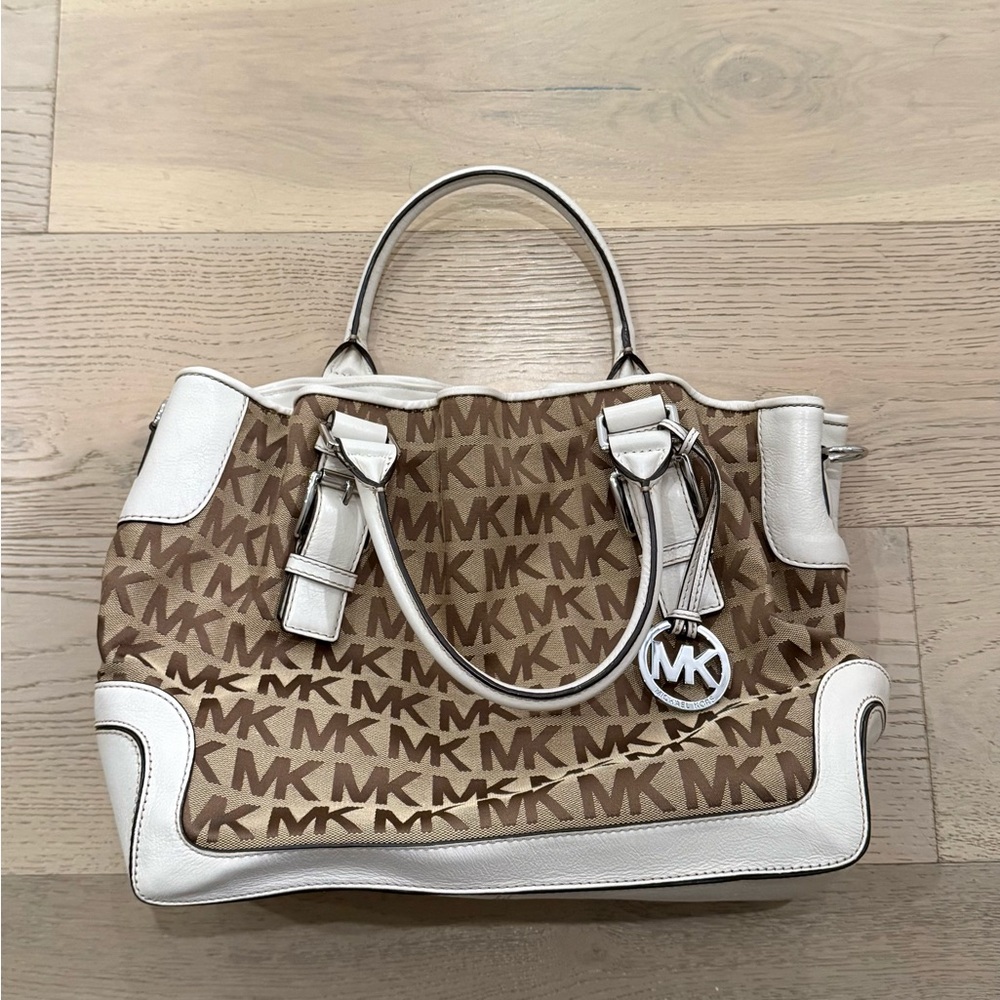 Michael Kors Brown & White MK Logo Tote Satchel